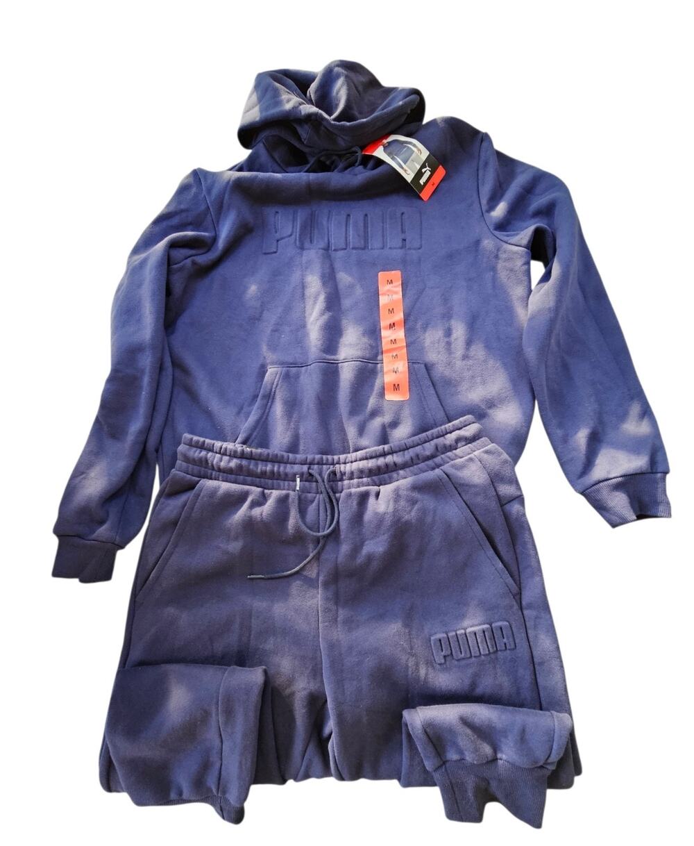 NWT PUMA Set Men's Modern V2 Embossed Blue Fleece Jogger Sweatpants/ Hoodie Sz M